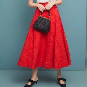 Anthropologie Sandra Belted Long Maxi Skirt Womens 2 Red 3D Floral A-line Flare